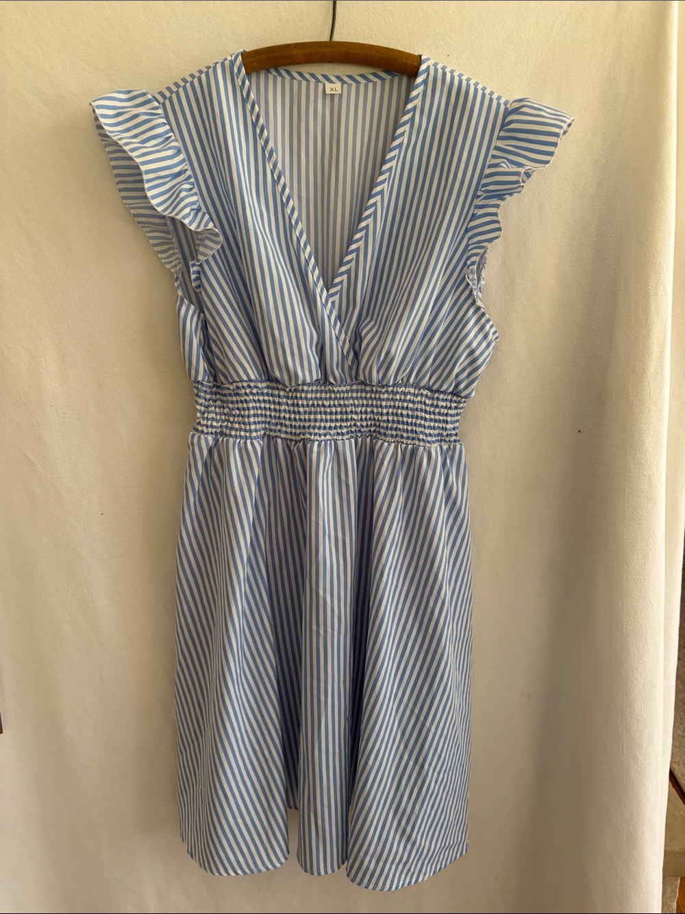 Blue & White Striped V-Neck Mini Dress with Smocked Waist